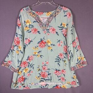 Belle Kim Gravel Womens Tunic Top Sz L Floral Embroidered Trim‎ Green Flowy Boho